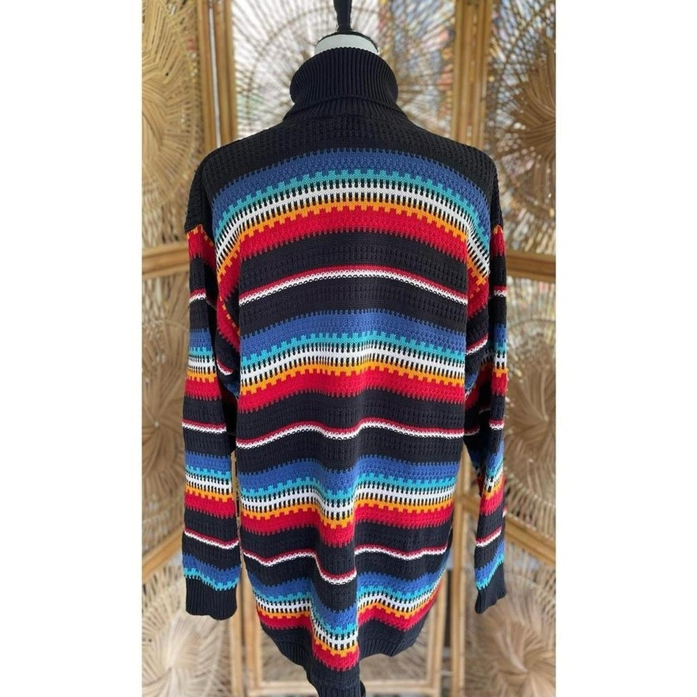 Vintage Lizsport Black & Rainbow Multicolored Striped Knit Turtleneck Sweater M - Picture 7 of 8
